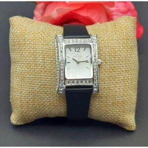 Ladies Anne Klein Watch Black Calf Leather Band Crystal Covered Silver Tone Face